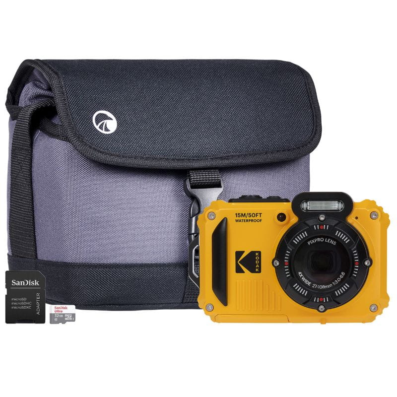 Kodak PIXPRO WPZ2 16MP 4x Zoom Tough Compact Camera - Yellow - Camera + Sandisk 32GB SD Card + System Bag